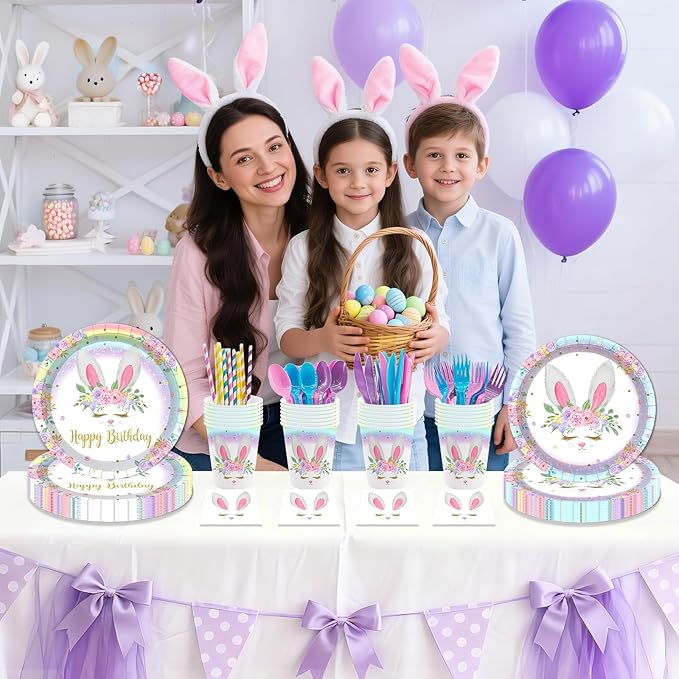MEHOFOND 192pcs Bunny Birthday Decorations Easter Plates and Napkins set Rainbow Bunny Birthday Party Supplies Spring Easter Plates Bunny Party Dinnerware Tableware