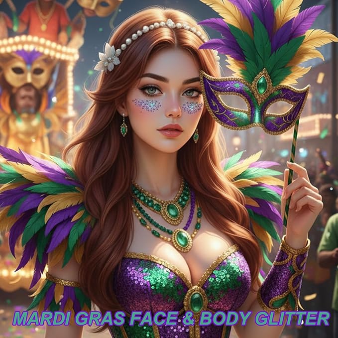 Purple Hair Glitter Stick for Kids,Mardi Gras Outfit for Women,Waterproof Mermaid Body Face Glitter Makeup,Mardi Gras Accessories Chunky Sequins,Halloween Glitter Body Paint for Carnival Festival