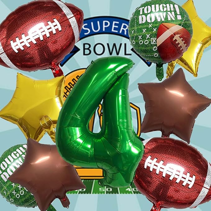 Football Balloons Foil Football Birthday Decorations Balloons Green Number 4 Balloon Gold Brown Star Touchdown Ballons for Rugby Birthday Decorations Sports Ballons Arch Kits Party Balloon Sets 9pcs
