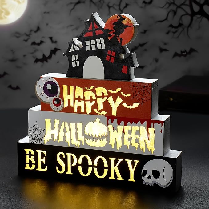 Halloween Decorations Indoor 9.4" 4-Tier Wooden Block Set with Glowing 3D Letters, Witch's House Topper, Battery Operated Spooky Halloween Décor Built-in Timer for Home, Mantel, Shelf, Table Decor