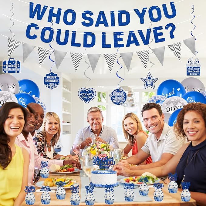 Roetyce Farewell Party Decorations, Blue Silver Who Said You Could Leave Banner Cake Toppers Balloons Hanging Swirls, Going Away Retirement Leaving Party Decorations, Coworker Goodbye Party Supplies