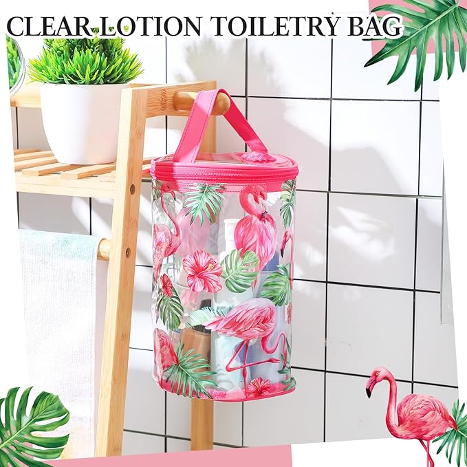 Sanwuta Beach Gifts Heavy Duty Clear Lotion Toiletry Bags for Travel Sunscreen Makeup Cosmetic Pouch Cylinder Bag Waterproof Portable Trip Bag with Handle Zipper(Flamingo)