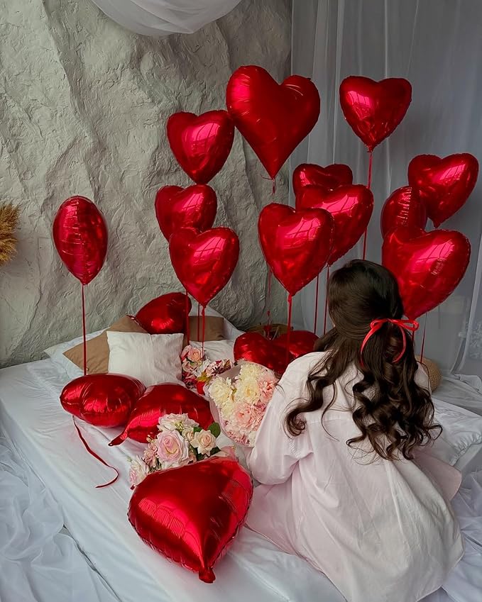 Red Heart Balloons,12Pcs Heart Shaped Foil Balloons,18Inch Red Love Helium Polyester Film Balloon for Valentine's Day Anniversary Birthday Anniversary Wedding Party Decorations