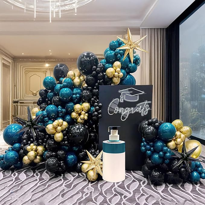 Chrome dark Teal and gold black Balloon Garland Kit 170Pcs Double-Stuffed Navy Teal Blue With Starburst Balloons for Birthday Luxury shop happy grad eve decorations 2025