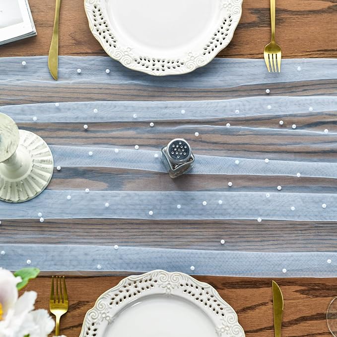 Artoid Mode 10PCS Pearl Blue Gauze Table Runner 120 Inch 10FT, Seasonal Sheer Dining Holiday Wedding Birthday Baby Shower Table Decor for Home Party