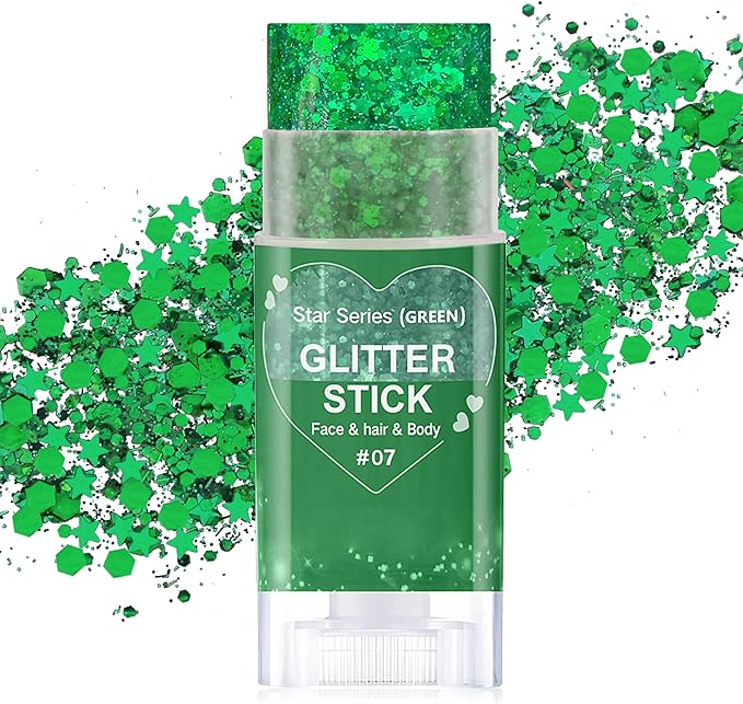 Green Hair Glitter Stick,St Patricks Day Body Face Glitter,Shimmer St Patrick's Day Outfit for Women,Waterproof Green Holographic Glitter,Rave Mardi Gras Singer Concert Party Accessories