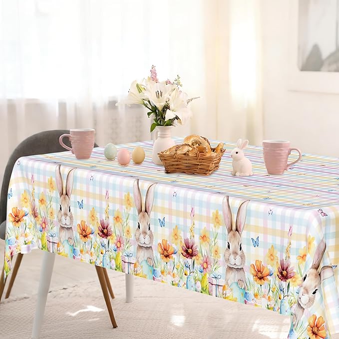 QZYL 2 Pack Easter Tablecloth Disposable, 54" x 108" Easter Decorations for Table, Plastic Table Cloths with Colorful Eggs Bunny Flower, Rectangular Spring Tablecloths for Party Decorations Supplies