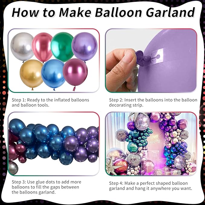 Metallic Balloon Arch Garland Kit, Disco Party Decorations with Chrome Rainbow Colorful Purple Teal Red Hot Pink Blue Balloons Disco Ball Balloons for 80s 90s Theme Birthday Anniversary Party Supplies