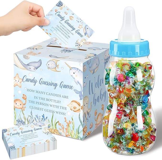 Glenmal 52 Pcs Under The Sea Baby Shower Games Gift Sets Large Baby Bottle for Shower Game Guess How Many Candies Decorations for Gender Reveal