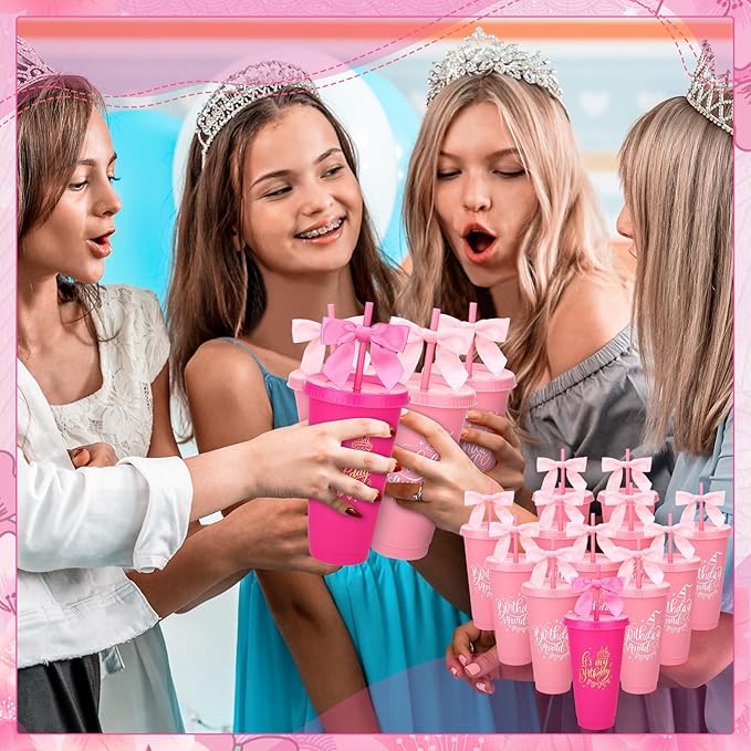 12 Pcs Birthday Party Tumblers, 24 oz Reusable Plastic Cups with Lids and Straws and Bows for Birthday Decorations Party Favor Pink