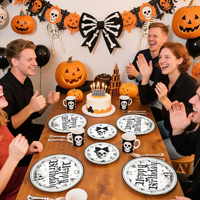Grencian 96Pcs Gothic Birthday Party Supplies Goth Skeleton Birthday Paper Plates and Napkins Tableware Sets Black Bow Skull Decorations Favors for Kids Girls Halloween Horror Bday Party Serves 24
