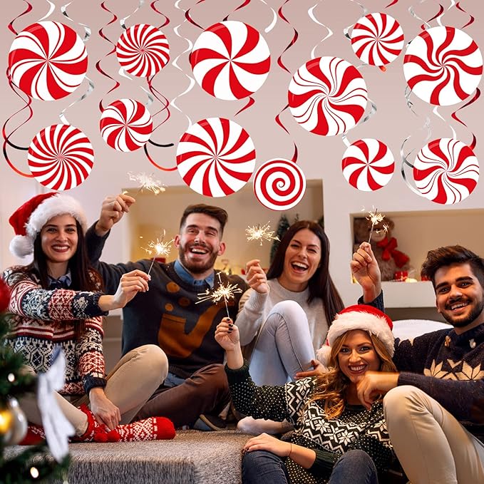Funrous 54 Pcs Christmas Peppermint Candy Hanging Decorations Christmas Candies Ceiling Hanging Swirls Xmas Party Ceiling Whirl Streamers for Xmas Holiday Party Decor(Red White)