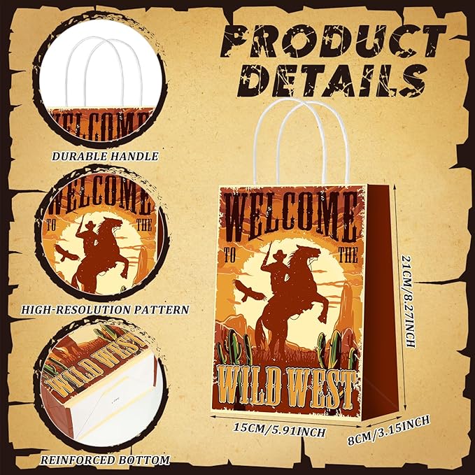 Outus 24 Pcs Cowboy Party Favor Bags Western Cowboy Goodie Candy Bags Paper Rodeo Bag Wild West Gift Treat Pouch‌ with Handles for Cowgirl Birthday Party Supplies