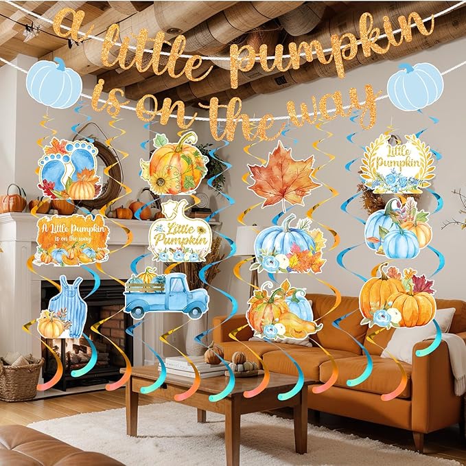 26 Pcs Little Pumpkin Baby Shower Banner Sign with 12 Hanging Swirls A Little Pumpkin Is on the Way Banner Fall Blue Hanging Decorations for Gender Reveal Theme Party Supplies