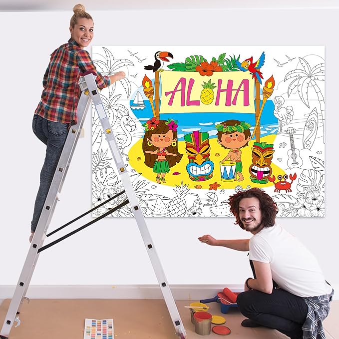 ZOIIWA Hawaiian Luau Coloring Poster for Giant Coloring Poster Large Aloha Tropical Coloring Tablecloth Jumbo Coloring Books for Home Birthday Party Supplies Favor 31.4 x 43.3 Inch