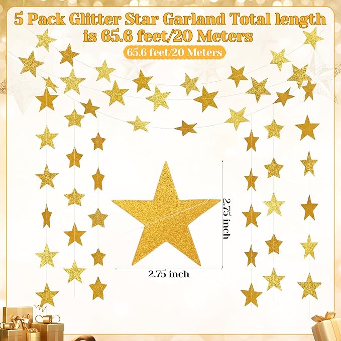 Spakon 65 Feet Glitter Star Paper Garland Banner Hanging Decoration Star Streamers Double Side 2026 Graduation Decorations for Wedding Birthday Festival New Year Party Decoration(Glitter Gold)