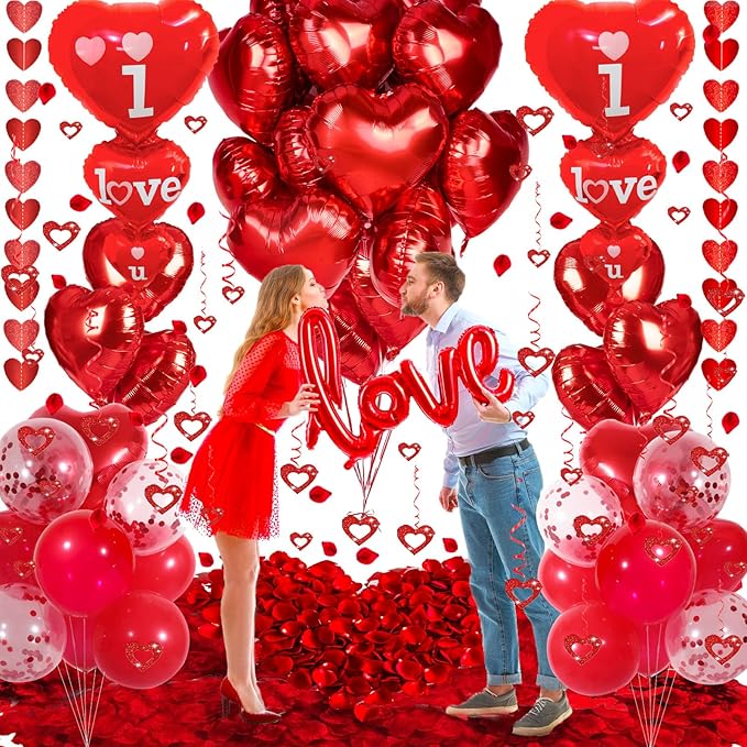 Valentines Day Decorations Set, I Love You Balloons and Red Heart Balloons With Fake Rose Petals for Valentines Day Party Wedding Anniversary Engagement Decor