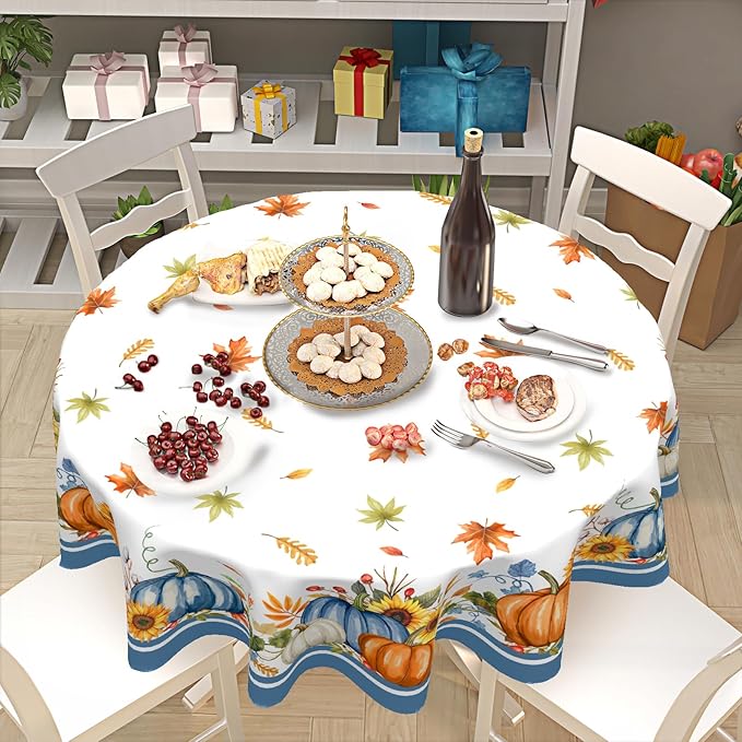 Fall Round Tablecloth 60 Inch Autumn Orange Pumpkin Outdoor Table Cloth Thanksgiving Tablecloth Maple Leaf Table Cover for Kitchen Dinner Room Holiday Party Home Decor