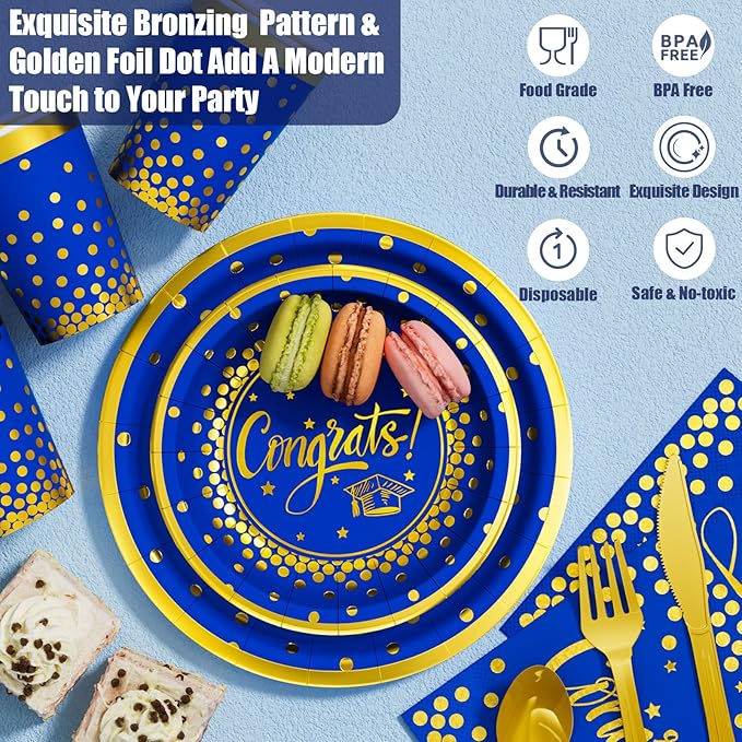 Ecomore 2026 Graduation Decorations - 245 PCS Grad Disposable Dinnerware(Serve 25) & Graduation Party Supplies With Congrats Paper Plate Cup Napkin Cutlery Tablecloth Backdrop Balloon Kit - Blue Gold