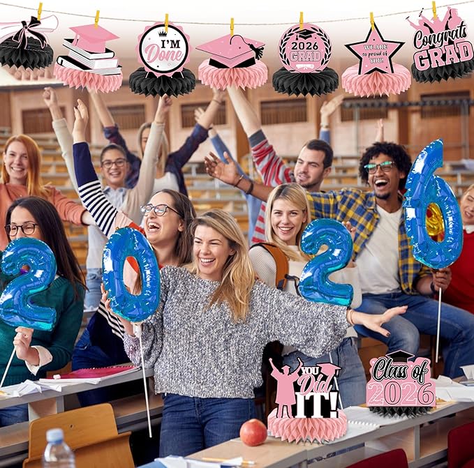 Yisong 9 Pieces 2026 Graduation Party Table Decorations Class of 2026 Congrats Graduation Centerpieces for Tables Congratulate Honeycomb Centerpiece Topper for Grad Party Supplies (Pink, Black)