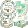 Dandat 350 Pcs Baby Shower Plates Set Baby Shower Party Supplies Serves 50 Tableware Sets Include Plates Napkin Cup Forks Knives Spoons Disposable Dinnerware (Boho,Green)