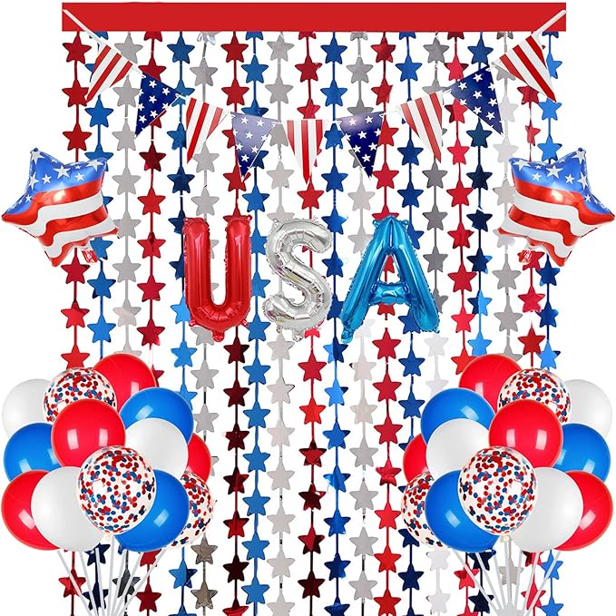 Red White and Blue Balloons Party Decorations with Patriotic Theme Foil Fringe Curtain for Graduation Party Supplies Nautical Veterans Memorial Day 4th of July Balloon Arch Decorations