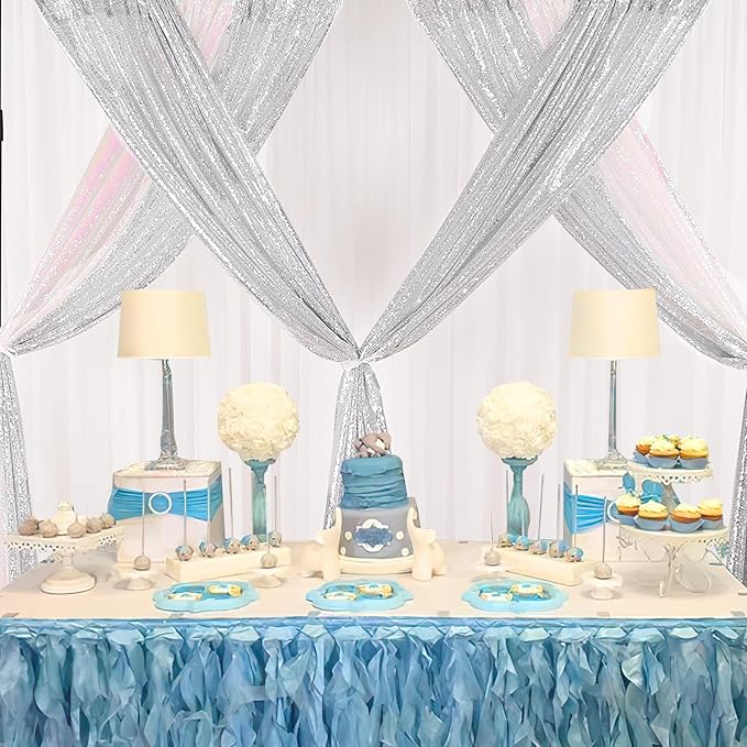 B-COOL Silver Sequin Backdrop Curtains 2 Panels 2ftx8ft Birthday Sequin Curtain for Background Silver Drapes for Birthday Party Baby Shower Photography Decorations