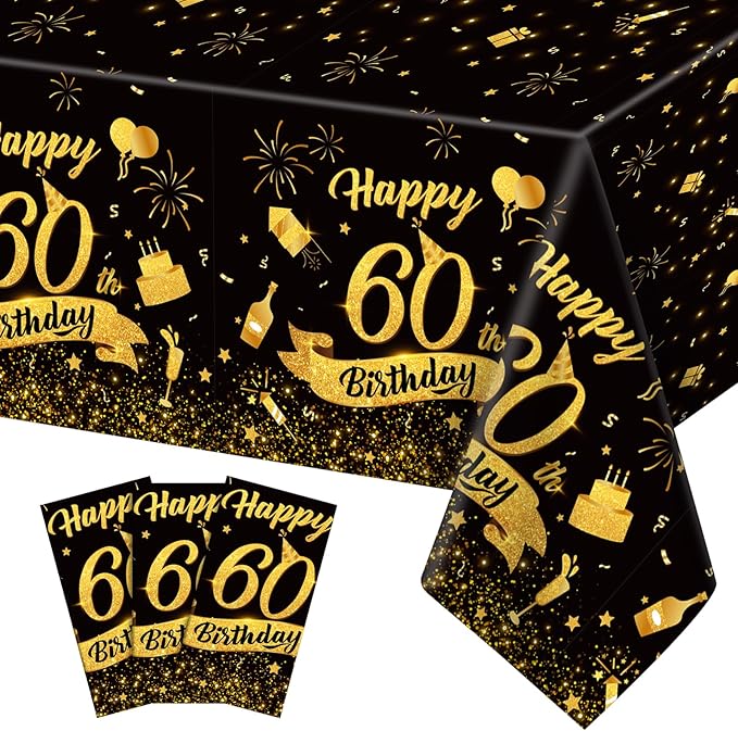 3 Pack 60th Birthday Plastic Tablecloth, 54x108 Inch Black Gold Disposable Rectangle Table Cover Waterproof Table Cloth for Birthday 60 Anniversary Party Supplies