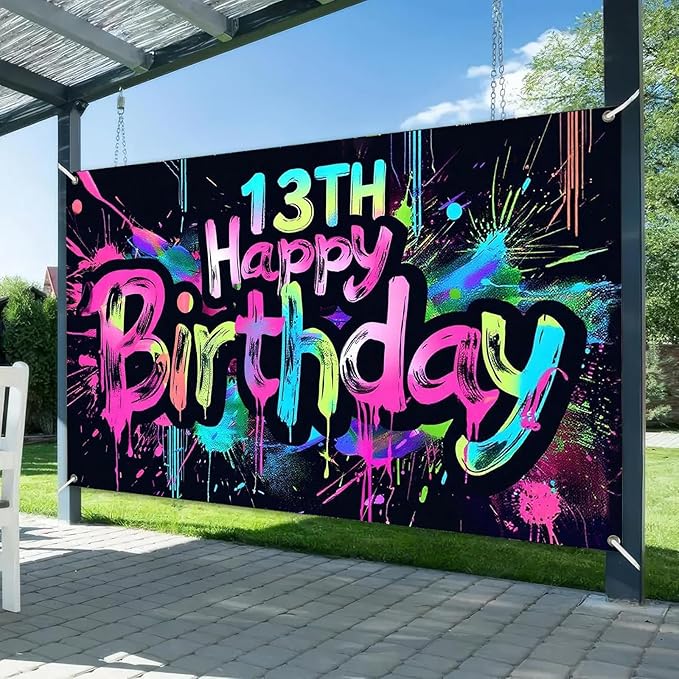 Neon 13th Happy Birthday Banner 71x43 Inch Paint Splatter Glow in The Dark Party Backdrop Colorful Wall Decor for Teens Boys Girls Thirteenth Birthday Celebrations Props Event Supplies