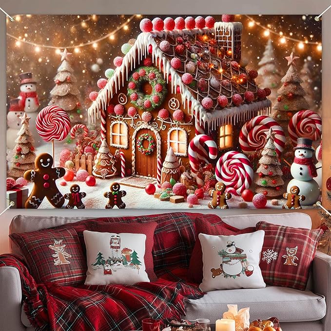 Winter Door Banner Backdrop Christmas Gingerbread House Banner Candy Cane Lollipop Tree Snowman Backdrop Holiday Sweet Wonderland Scene 71x43 inch Party Wall Decoration