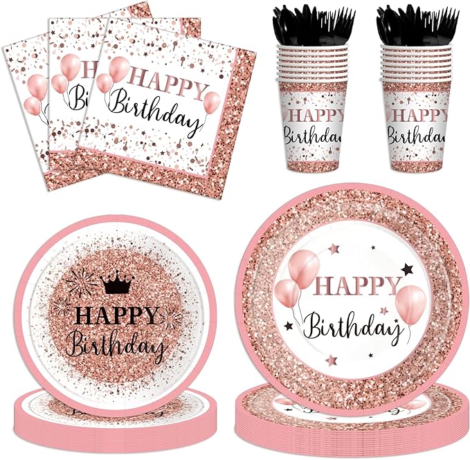 175-Piece Pink Rose Gold Birthday Party Supplies for 25 Guests – Disposable Plates, Cups, Napkins & Cutlery Set, Elegant Princess Party Tableware