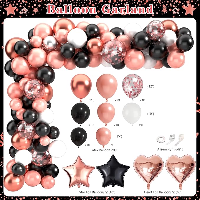 Retirement Party Decorations for Women 109Pcs Rose Gold Black Happy Retirement Decorations Retired Banner Backdrop Balloons Sash Hanging Swirls Pompoms Tablecloth Honeycomb Centerpiece(Rose Gold)