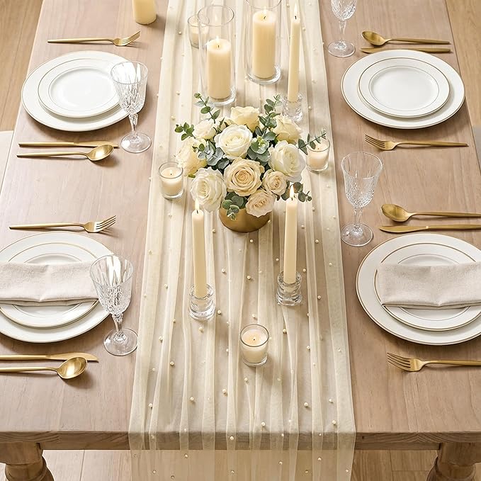 Artoid Mode 6PCS Pearl Champine Gauze Table Runner 120 Inch 10FT, Seasonal Sheer Dining Holiday Wedding Birthday Baby Shower Table Decor for Home Party