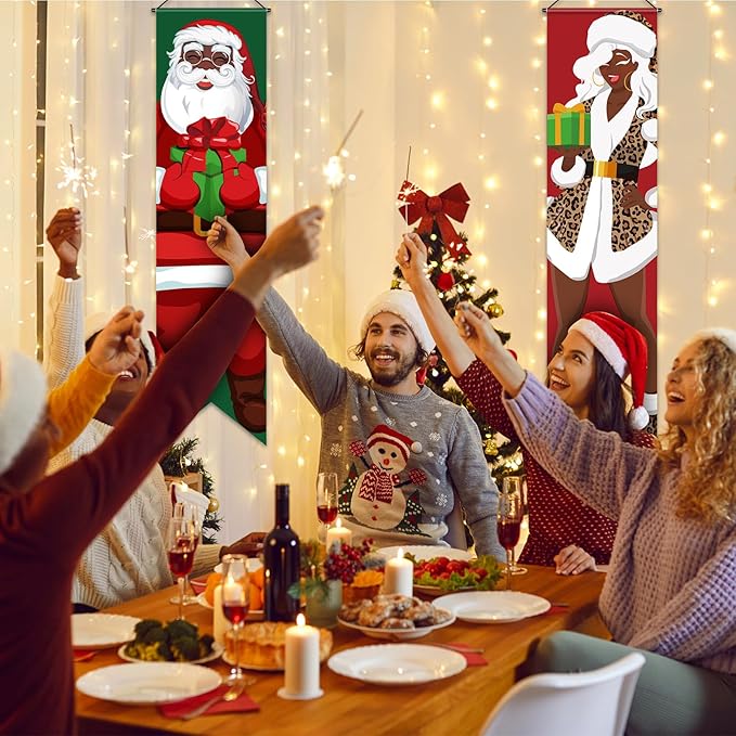 Blulu 2 Pack Christmas Porch Banners African American Christmas Porch Signs Black Santa Xmas Porch Sign Banners for Winter Holiday Party Indoor Outdoor Front Door Wall Yard Hanging Decorations