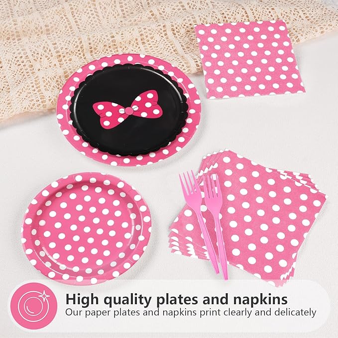 96Pcs Pink Mouse Party Supplies Xmas Cartoon Mouse Paper Plates and Napkins Tableware Sets Pink White Polka Dot Bow Decorations for Kids Girls Birthday Baby Shower Cute Cartoon Theme Party Serves 24