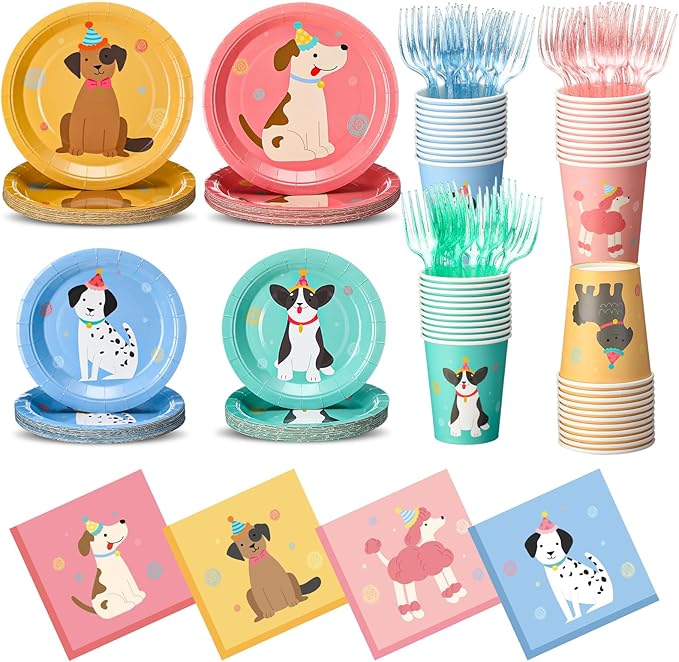 Havawish 240 Pcs Pet Dog Birthday Party Supplies Retro Puppy Themed Paper Plates Napkins Cups Vintage Puppy Face Party Tableware Disposable Pet Dinnerware for Birthday Baby Shower Table Decor