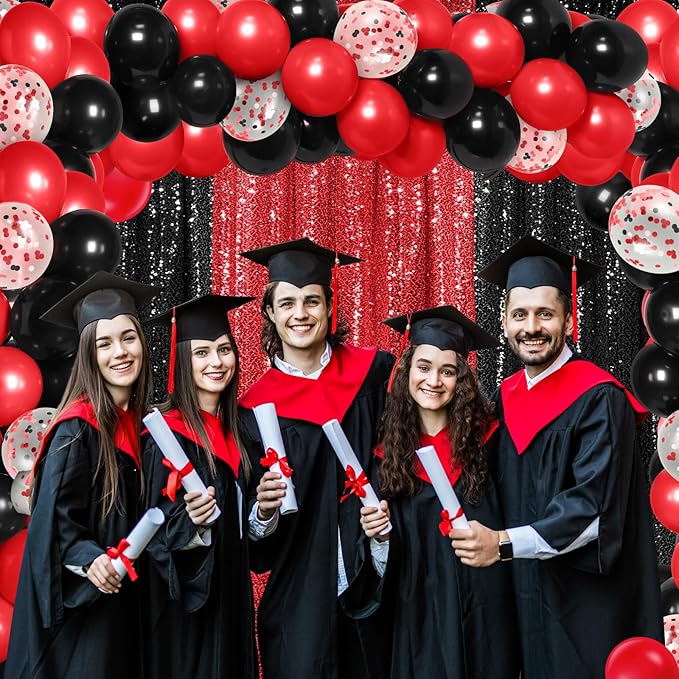137 Pcs Red Black Party Backdrop Kits, 4 Sequin Backdrop Curtain 133 Balloon Arch Kit Garland Photo Background for Graduation Prom Wedding Anniversary Birthday Movie Night Decor