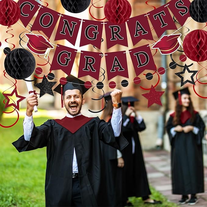 Congrats Grad Banner 2026 Graduation Decoration with Hanging Swirl Honeycomb Ball Circle Garland Grad Party Supplies for College Senior High School Classroom Decor(Burgundy and Black)
