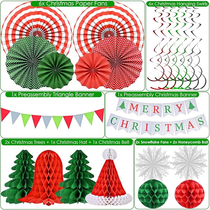 Ahfulife Christmas Party Decorations Supplies Set, Reusable Xmas Decor Kit Indoor - Merry Christmas Sign Banner for Home, Xmas Pennant Banner, Hanging Paper Tissue Fan Tree Garland