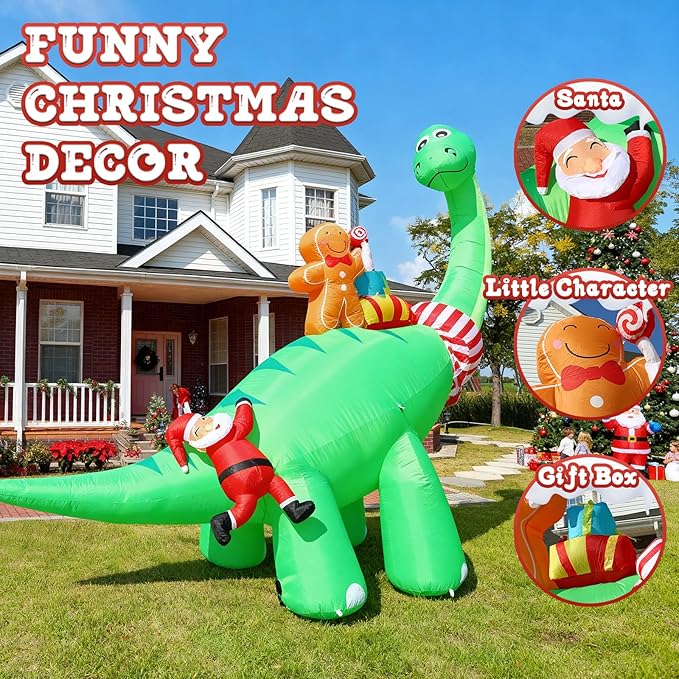 JOYHALO 12FT Giant Christmas Inflatables Dinosaur with Santa Claus, Blow Up Yard Decorations with Bright LED Lights, Christmas Outdoor Inflatables Also for Indoor Lawn Party Decor