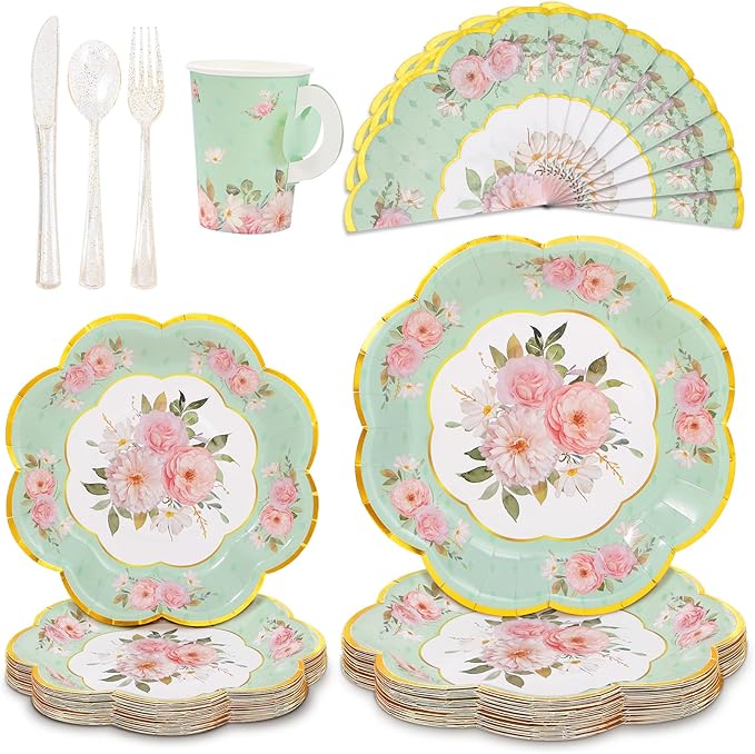 Tea Party Supplies Serves 24, Tea Party Plates and Napkins Sets Include Paper Saucers, Teacups with Handles, Tableware for Girl's Birthday, Tea Party Decoration