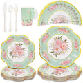 Tea Party Supplies Serves 24, Tea Party Plates and Napkins Sets Include Paper Saucers, Teacups with Handles, Tableware for Girl's Birthday, Tea Party Decoration