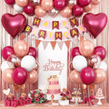 Burgundy Birthday Decorations,Happy Birthday Banner Wine Red Balloons Fringe Curtain Heart Foil Balloons for Women Girl