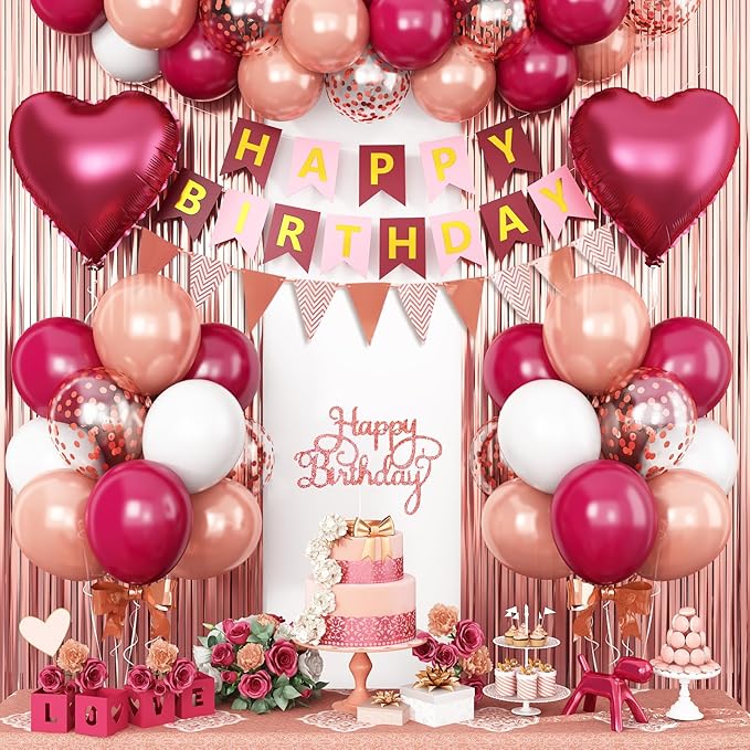 Burgundy Birthday Decorations,Happy Birthday Banner Wine Red Balloons Fringe Curtain Heart Foil Balloons for Women Girl