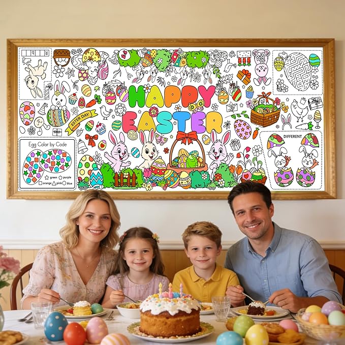 Easter Giant Coloring Poster for Kids,30x72 Inch Happy Easter Crafts Drawing Paper Coloring Tablecloth DIY Art Crafts for Kids Party Bunny Egg Themed Activity Home Classroom Party Suppiles