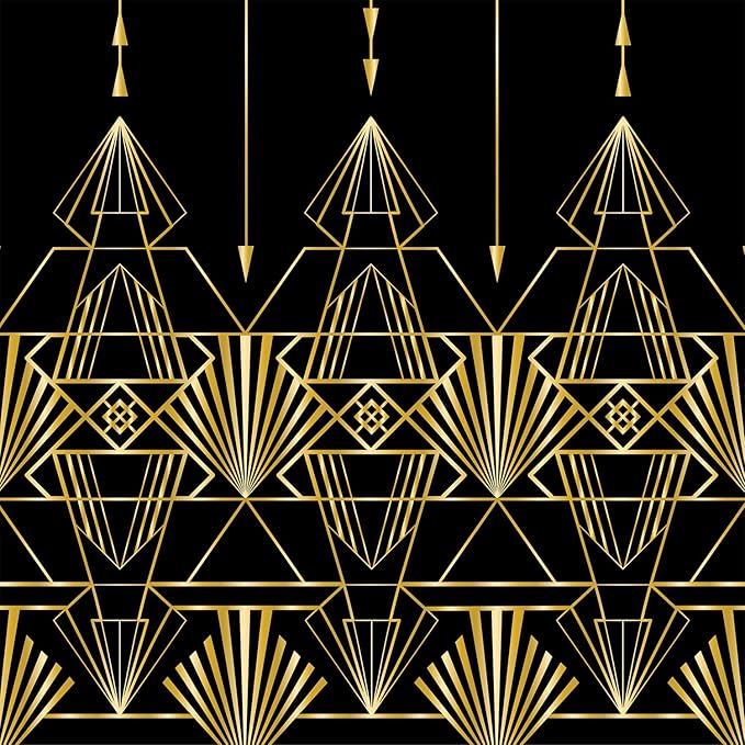 Beistle 2-Count Great 1920s Tablecover, Art Deco Decor & Table Decorations for Party, Hollywood Decor, Plastic Black & Gold Plastic Cover, 54" x 108"