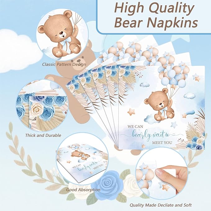 Baby Shower Party Supplies Set, We Can Bearly Wait Theme, 141 Pieces with Plates, Napkins, Cups and Tableware for 20 Guest Blue and Brown Bear Design Cuterly for Bear Babys Party