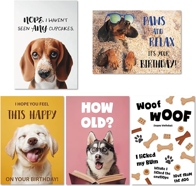 Gooji 5x7 Dogs Birthday Cards Bulk 10 Pack, Funny Humorous Cute Cards for Wife Husband Teenage Young Boy Girl Men Women Adult, Puppy Husky Bulldog Dachshund Golden Retriever
