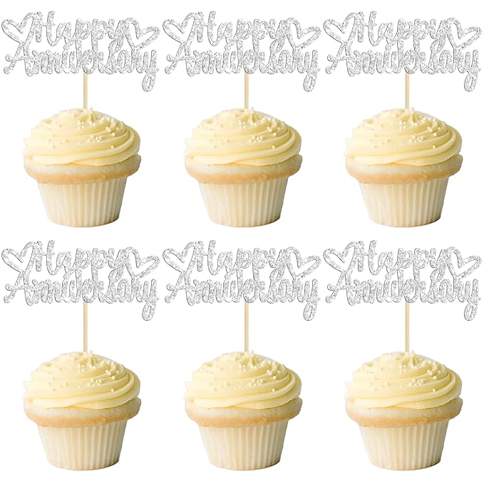 Gyufise 24Pcs Glitter Happy Anniversary Cupcake Toppers Anniversary Party Supplies Cake Decoration Wedding Celebration Party Decoration Supplies Silver
