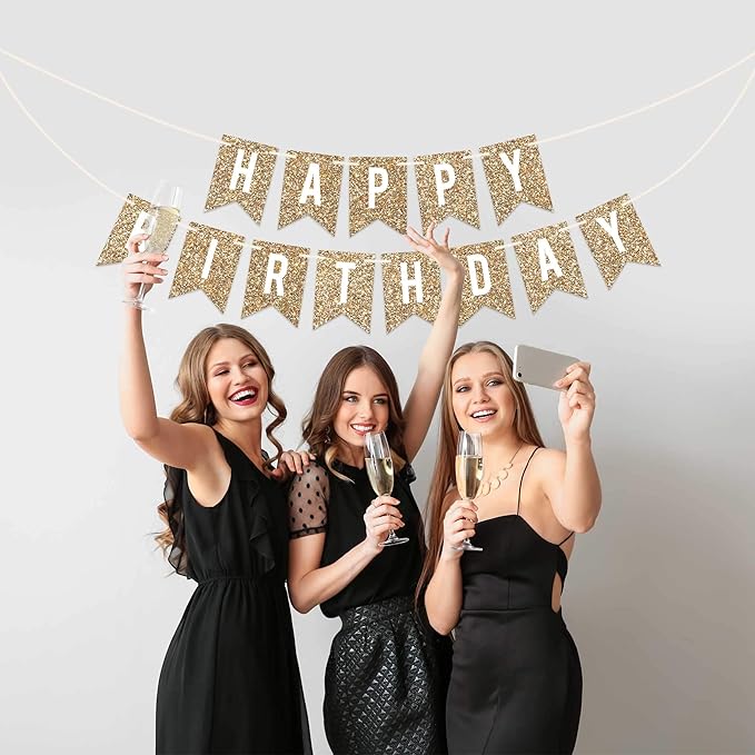 Pre-strung Happy Birthday Banner - No DIY - Gold Glitter Birthday Party Banner - Pre-strung Garland on 6 ft Strands - Gold Bday Party Decorations & Decor. Did We Mention No DIY